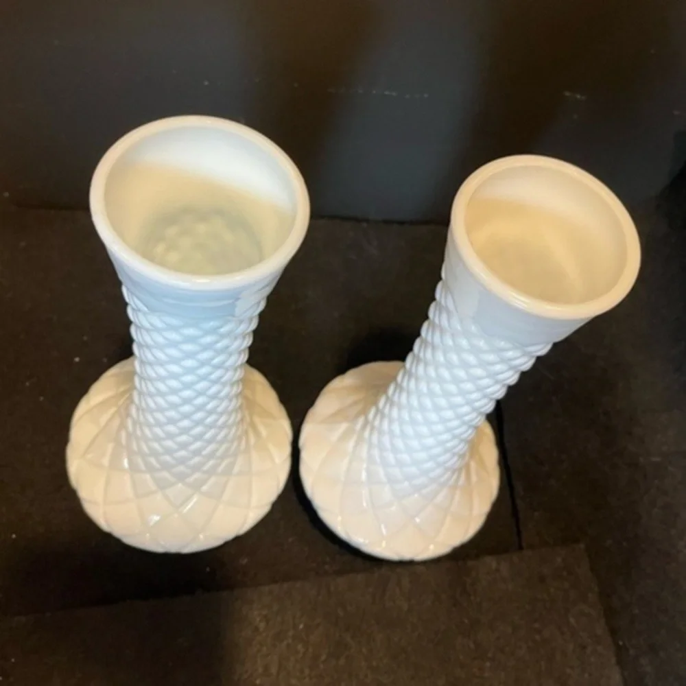 Vintage Diamond Patterned Milk Glass Vases Set of Two